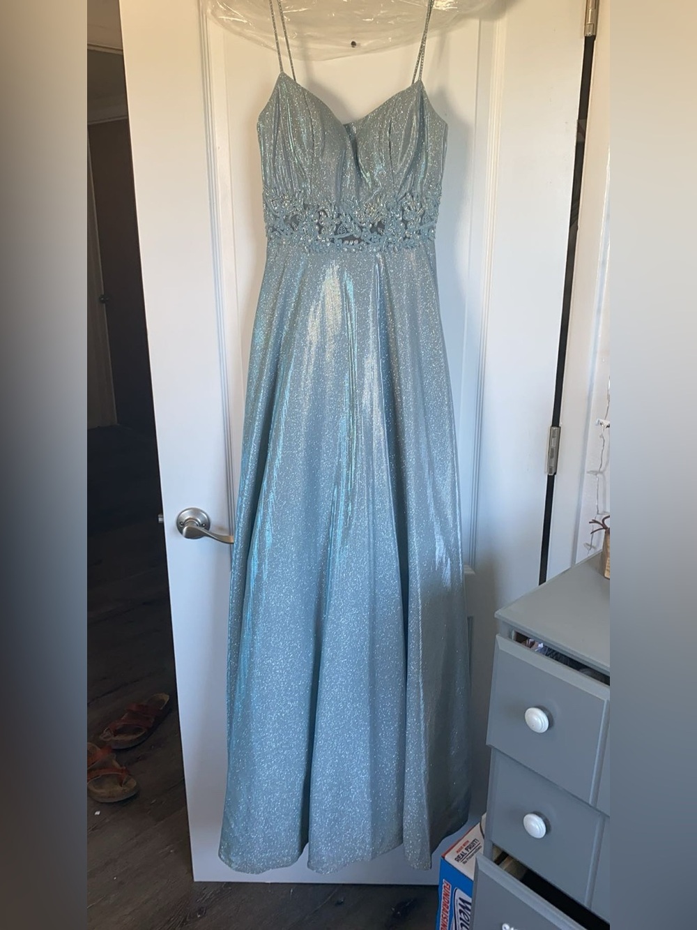 Sparkling Light Blue Prom Dress with Beaded/Lace Waist